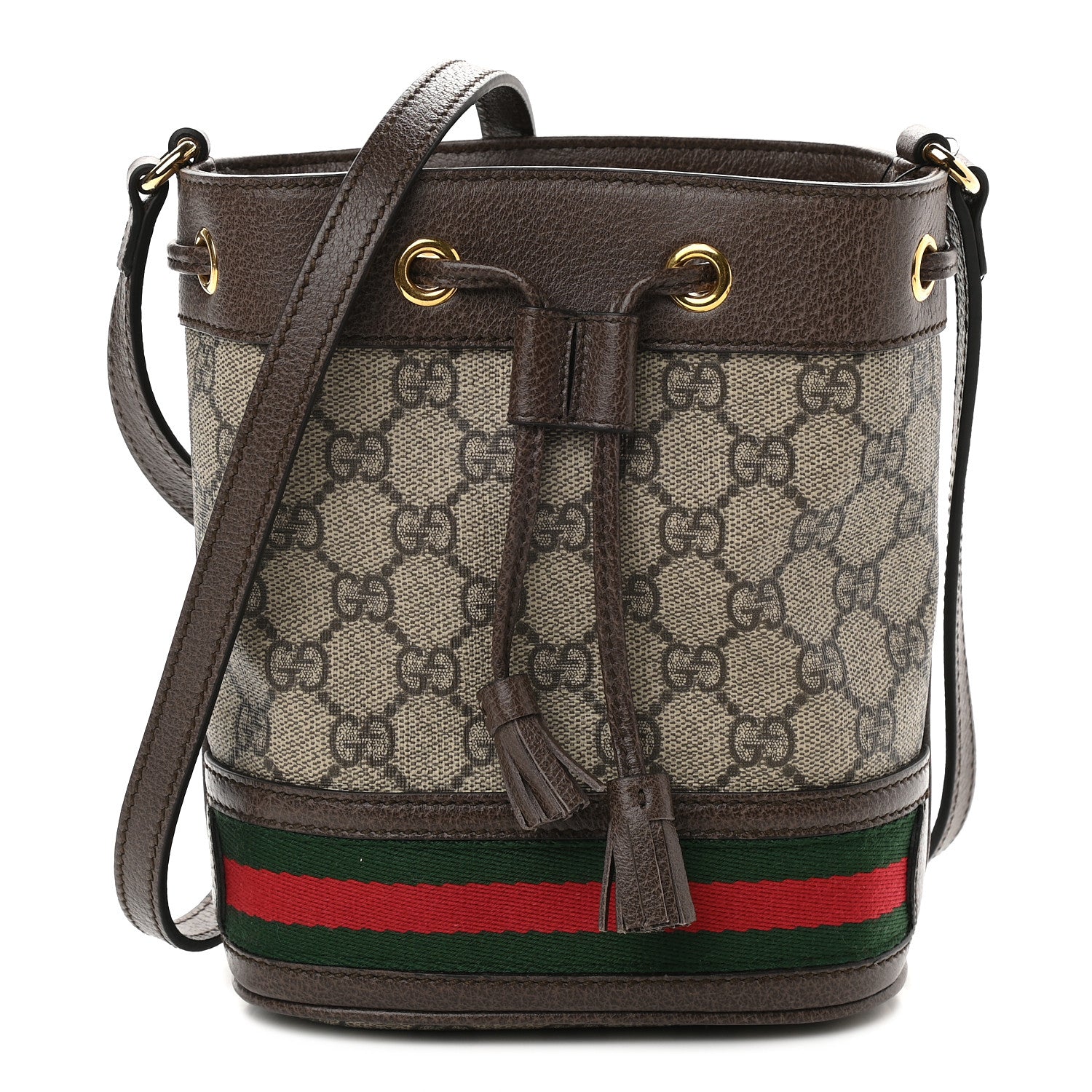 Gucci GG Supreme Monogram Web Mini Ophidia Bucket Bag Brown 1 of 9