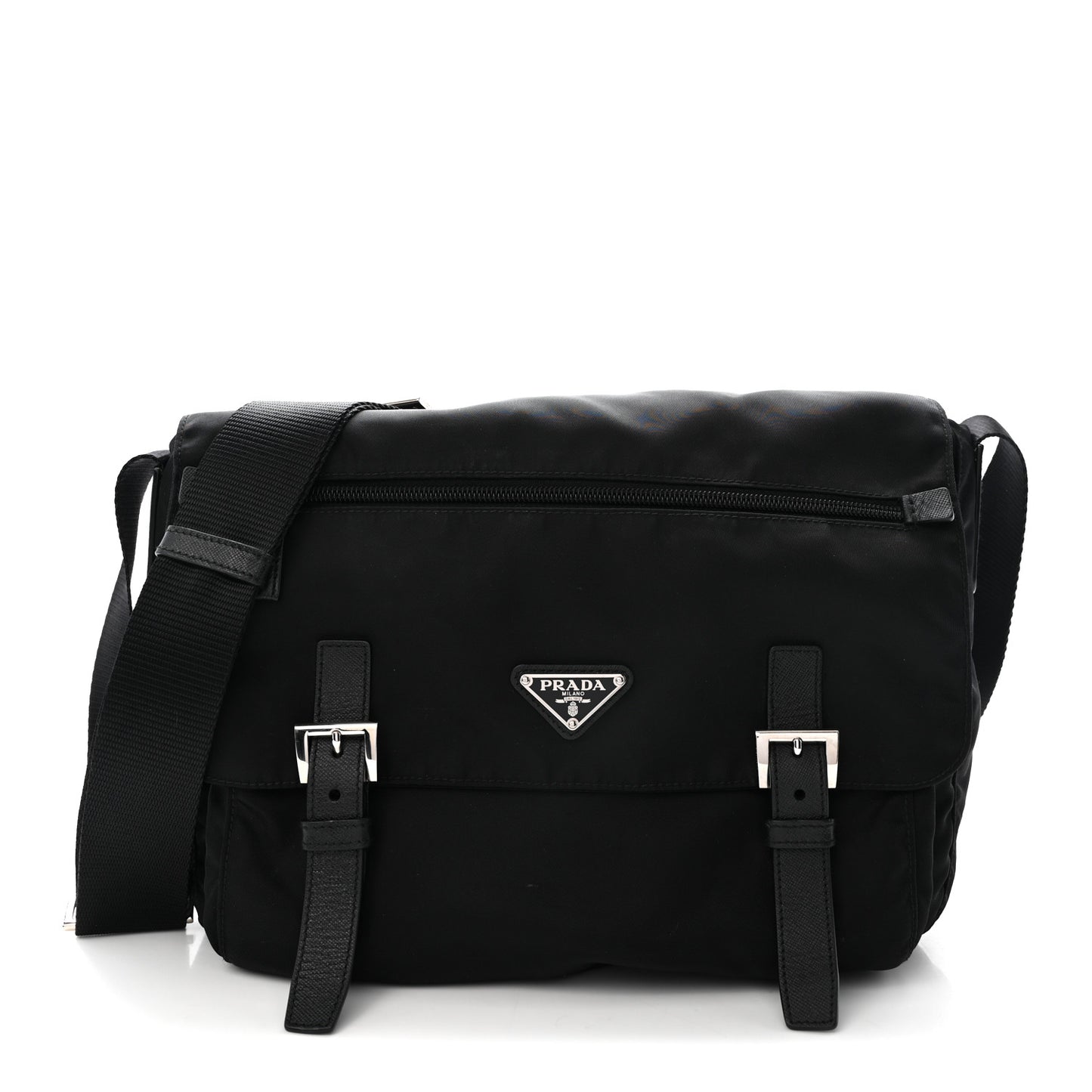 Tessuto Nylon Saffiano Double Buckle Messenger Shoulder Bag Black