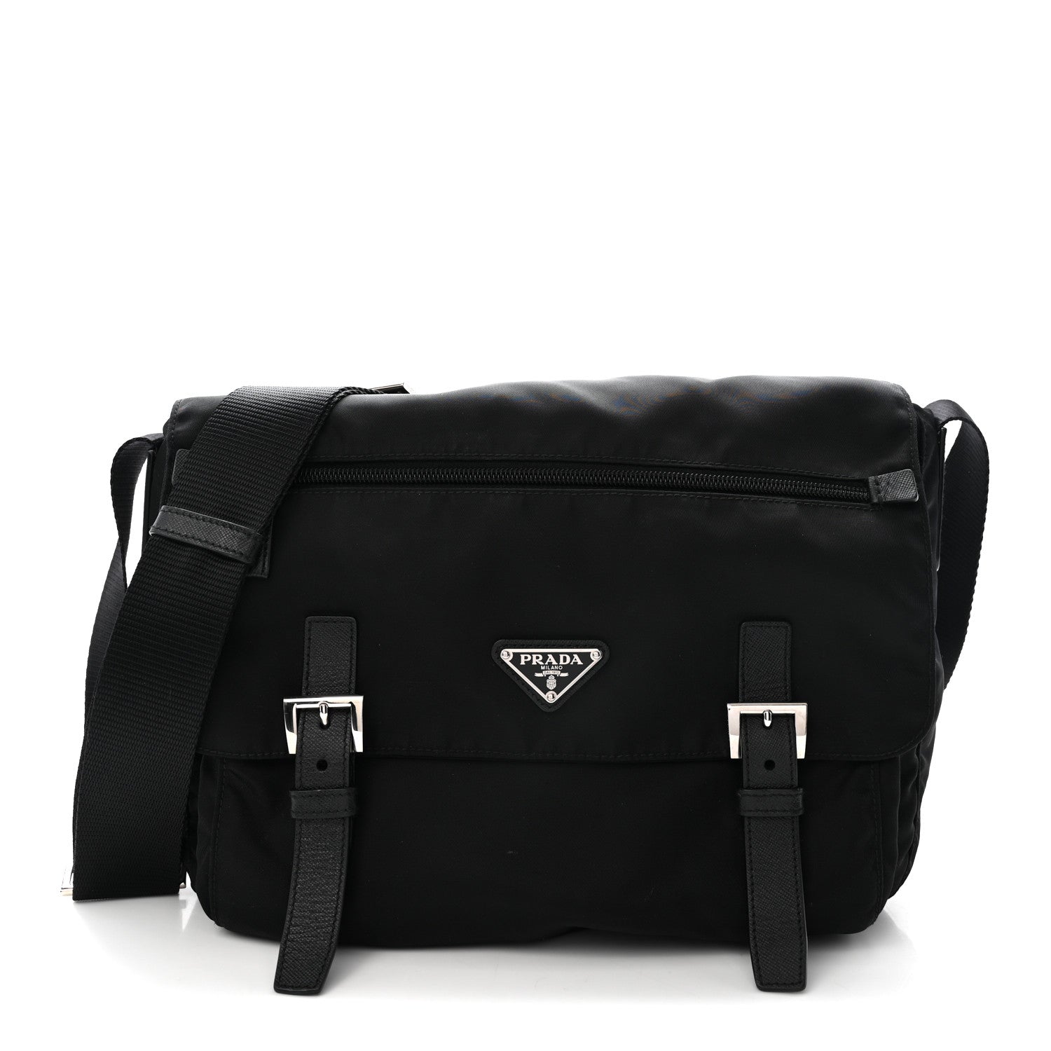 Prada Tessuto Nylon Saffiano Double Buckle Messenger Shoulder Bag Black 1 of 10