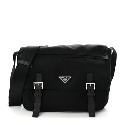 Prada Tessuto Nylon Saffiano Double Buckle Messenger Shoulder Bag Black 1 of 10