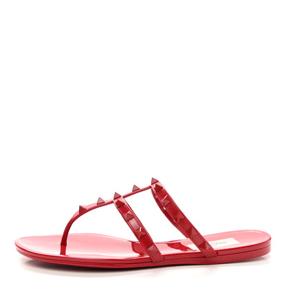 Valentino Garavani PVC Jelly Monochrome Rockstud Caged Flat Thong Sandals 37 Rosso Valentino 1 of 8