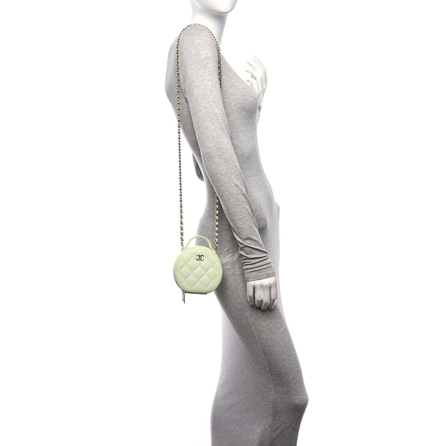 Caviar Quilted Round Handle With Care Vanity With Chain Light Green