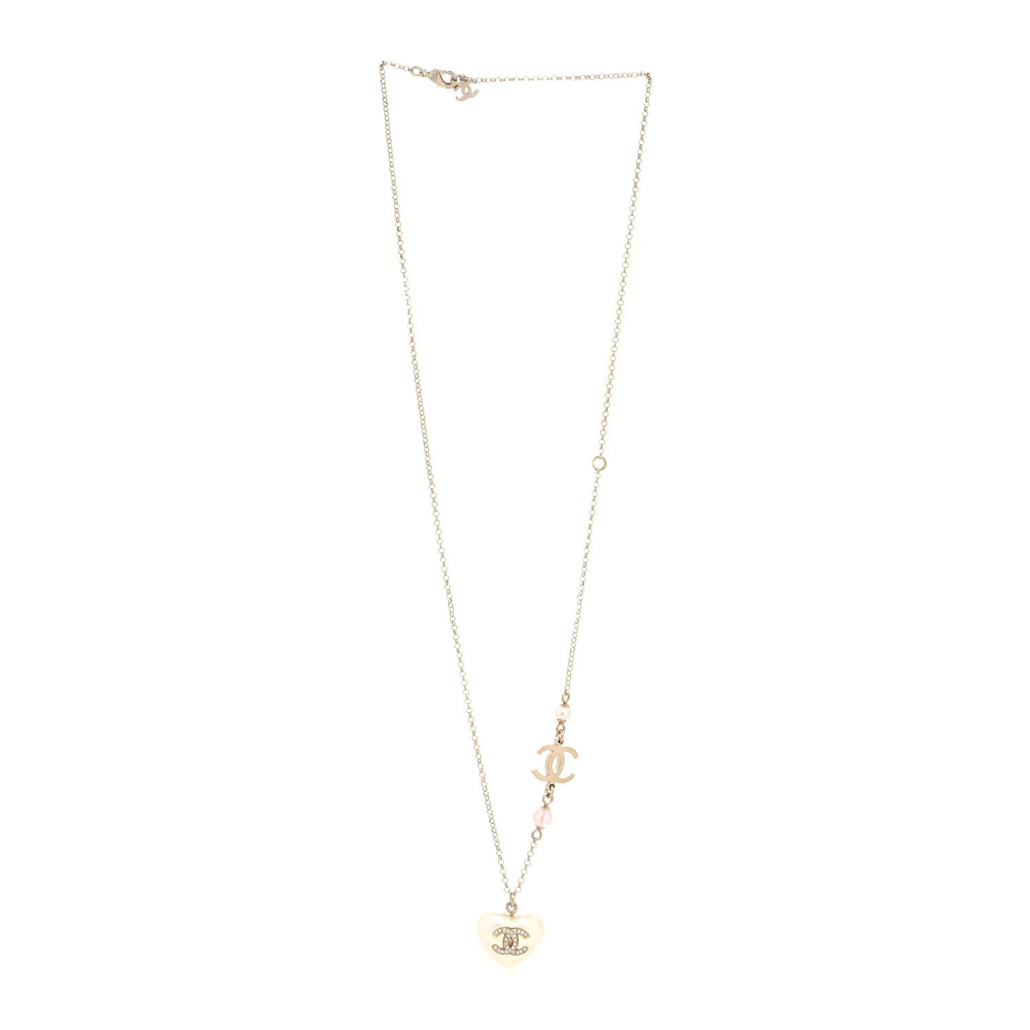 Chanel Resin Crystal CC Heart Necklace Pearly White Gold 2 of 3