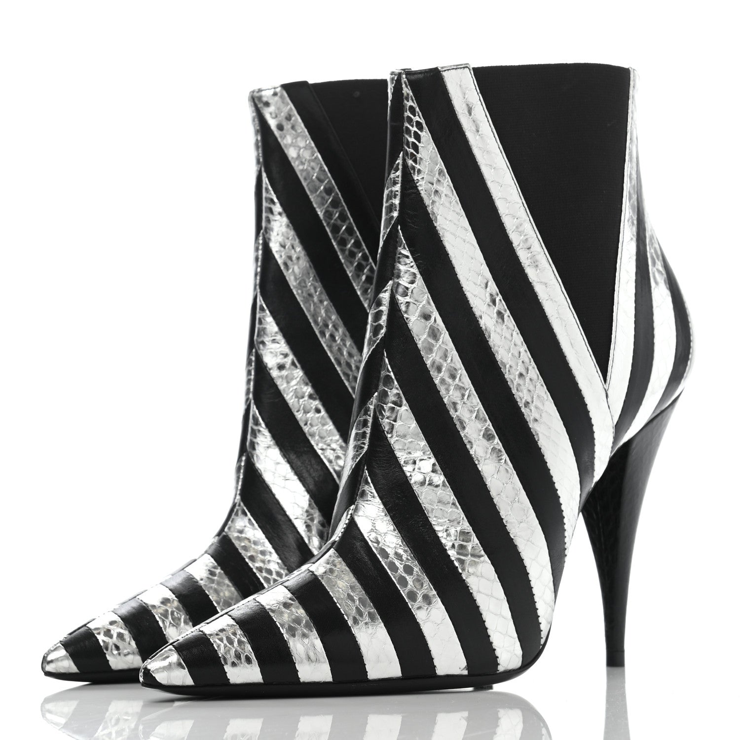 Saint Laurent Calfskin Snakeskin Effect Kiki Contrast Stripe Chelsea Pointed Toe Ankle Boots 39 Black Silver 3 of 12