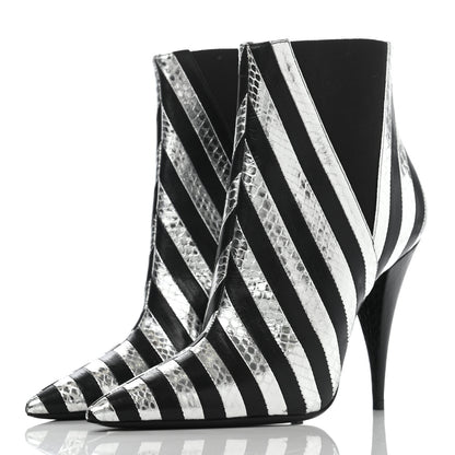 Saint Laurent Calfskin Snakeskin Effect Kiki Contrast Stripe Chelsea Pointed Toe Ankle Boots 39 Black Silver 3 of 12