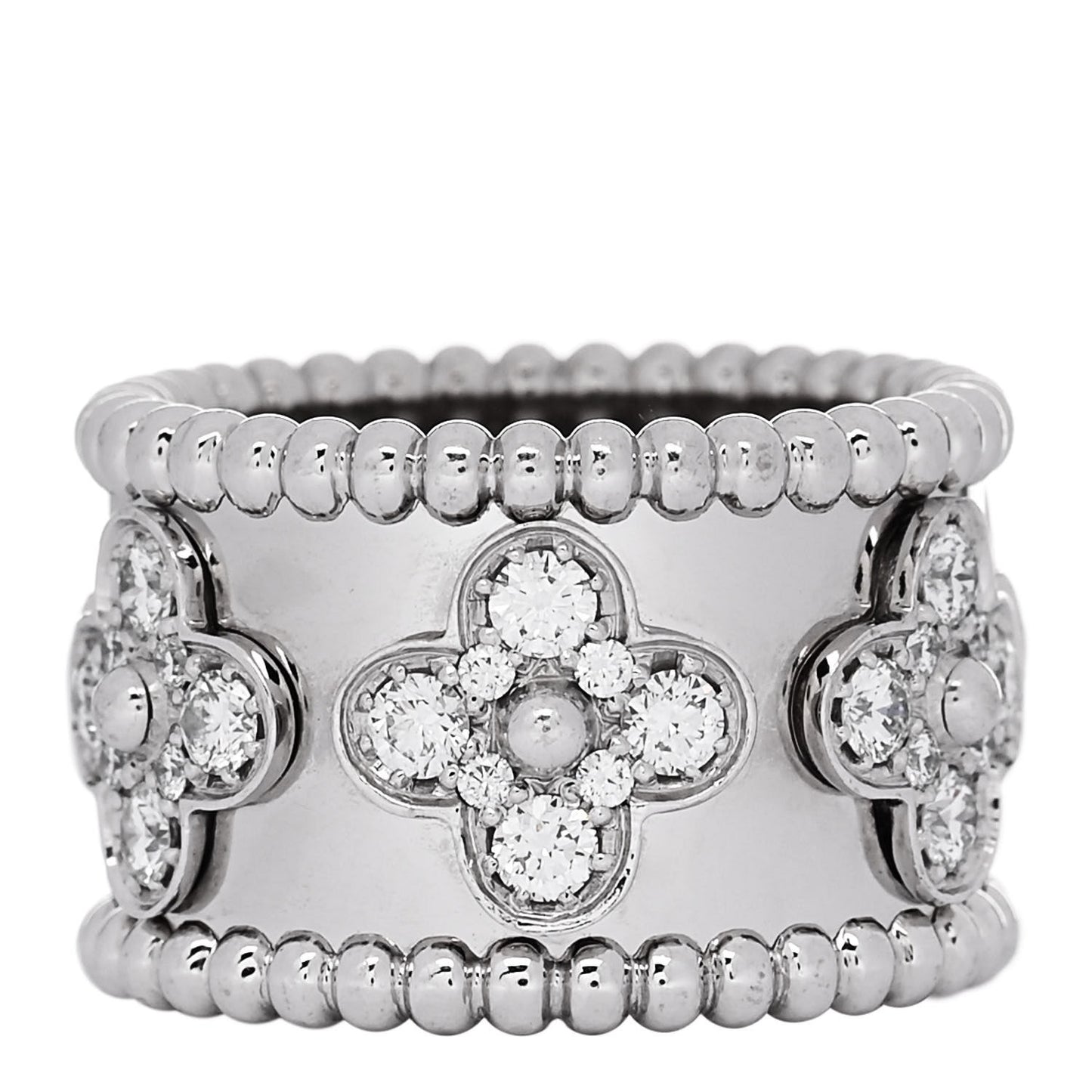 18K White Gold Diamond Medium Perlee Clover Band Ring 48 4.5