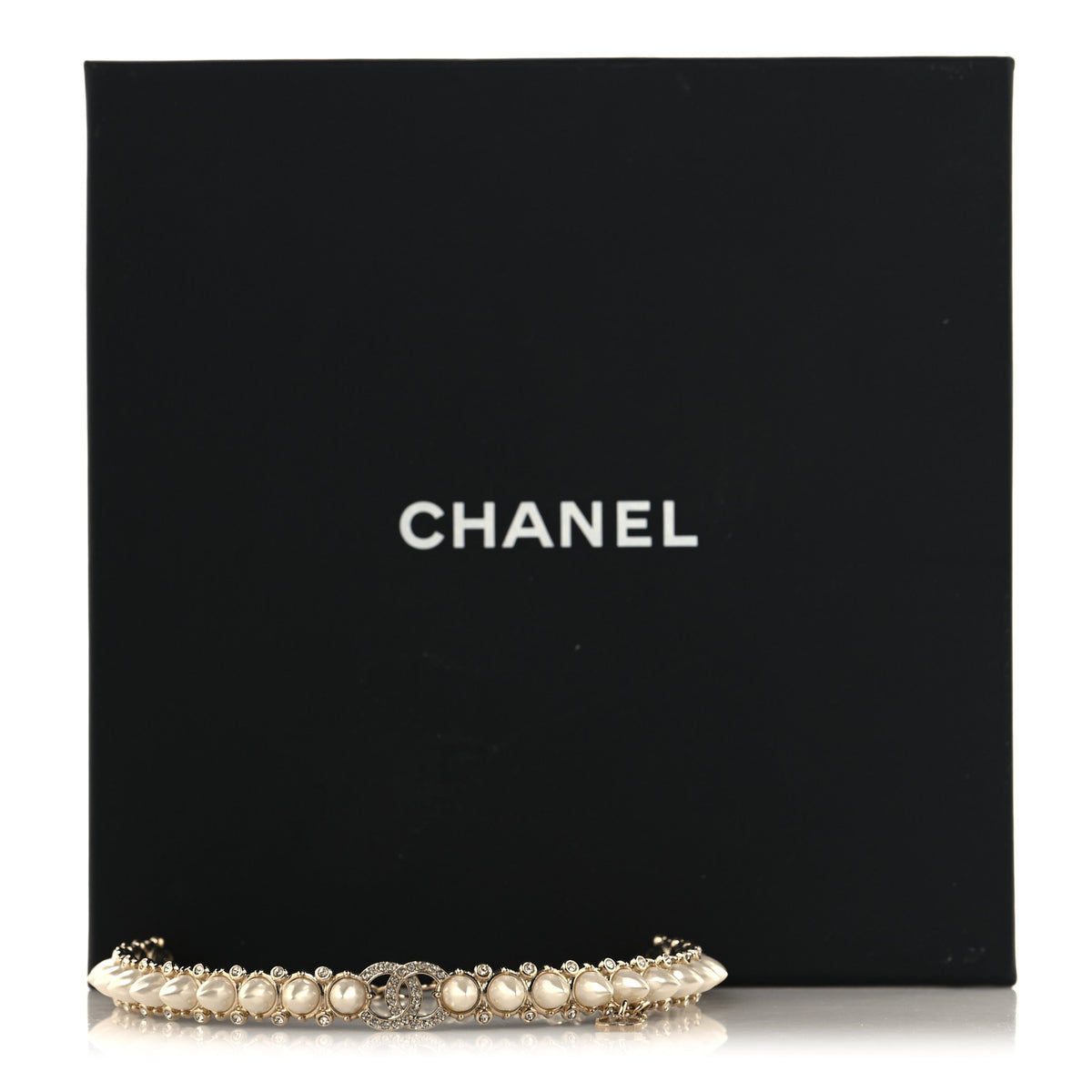 Strass Crystal Studded Pearl CC Choker Necklace Gold Pearly White