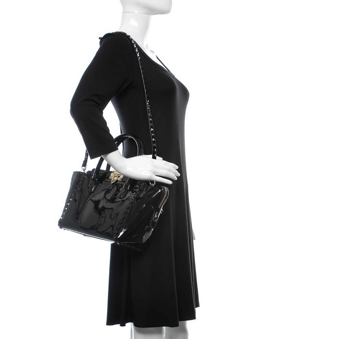 Patent Monochrome Small Rockstud Double Handle Tote Black