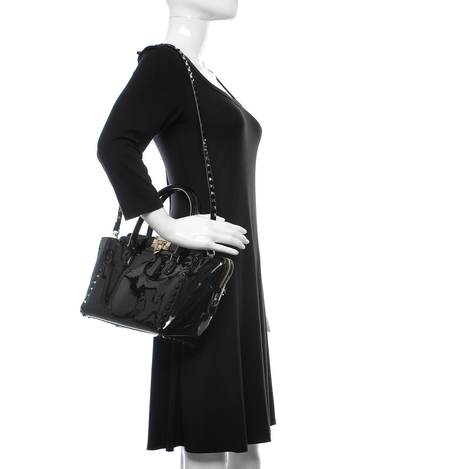 Valentino Garavani Patent Monochrome Small Rockstud Double Handle Tote Black 2 of 8