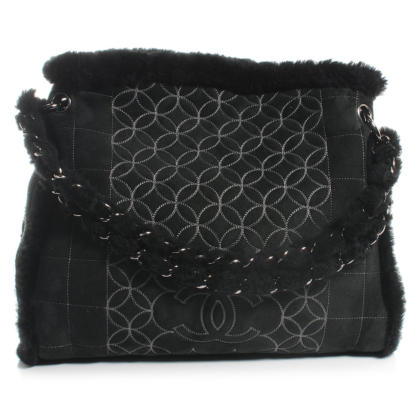 Suede Sherpa Shoulder Bag w Cosmetic Pouch Black