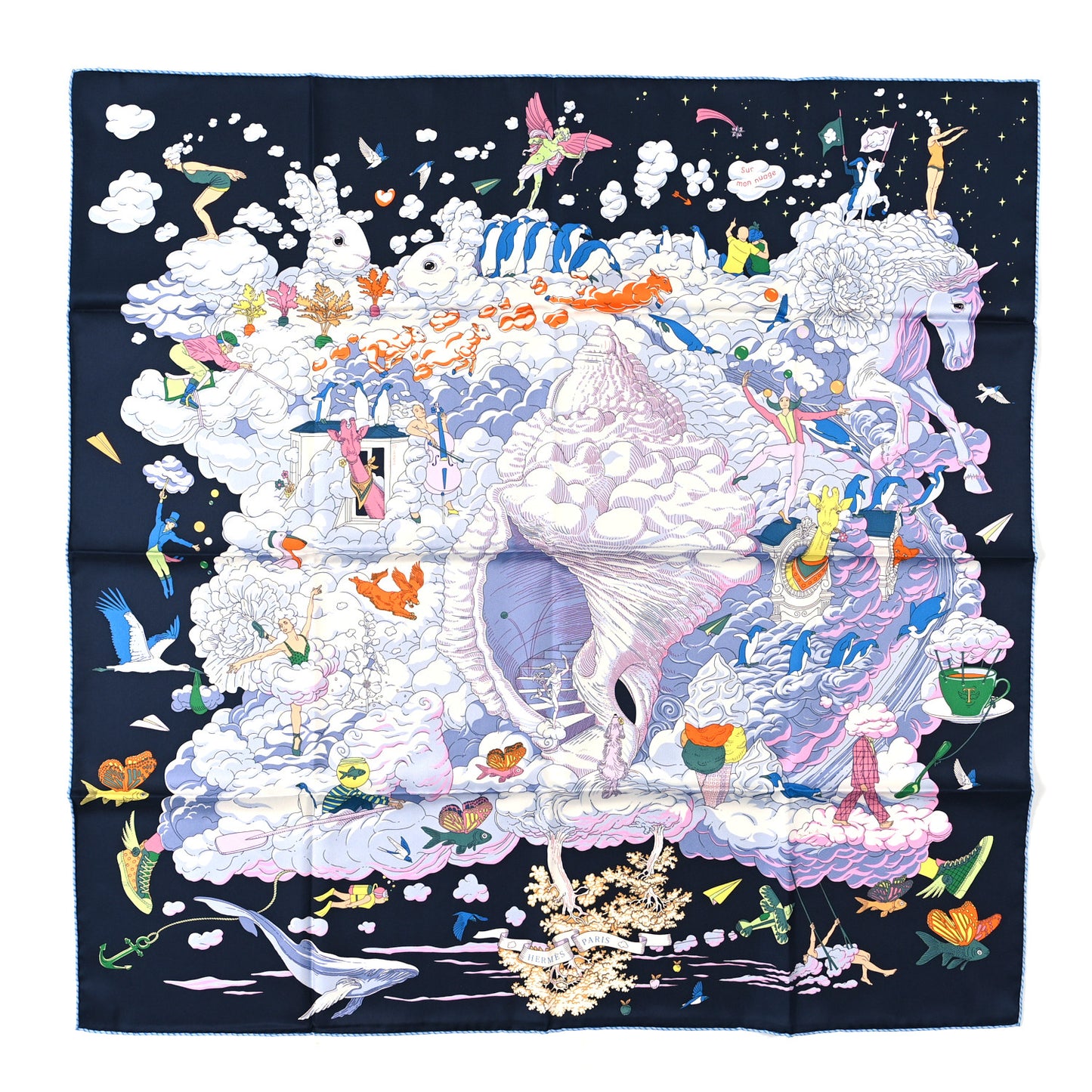 Silk Sur Mon Nuage Scarf 90 Bleu Black Mauve Multicolor