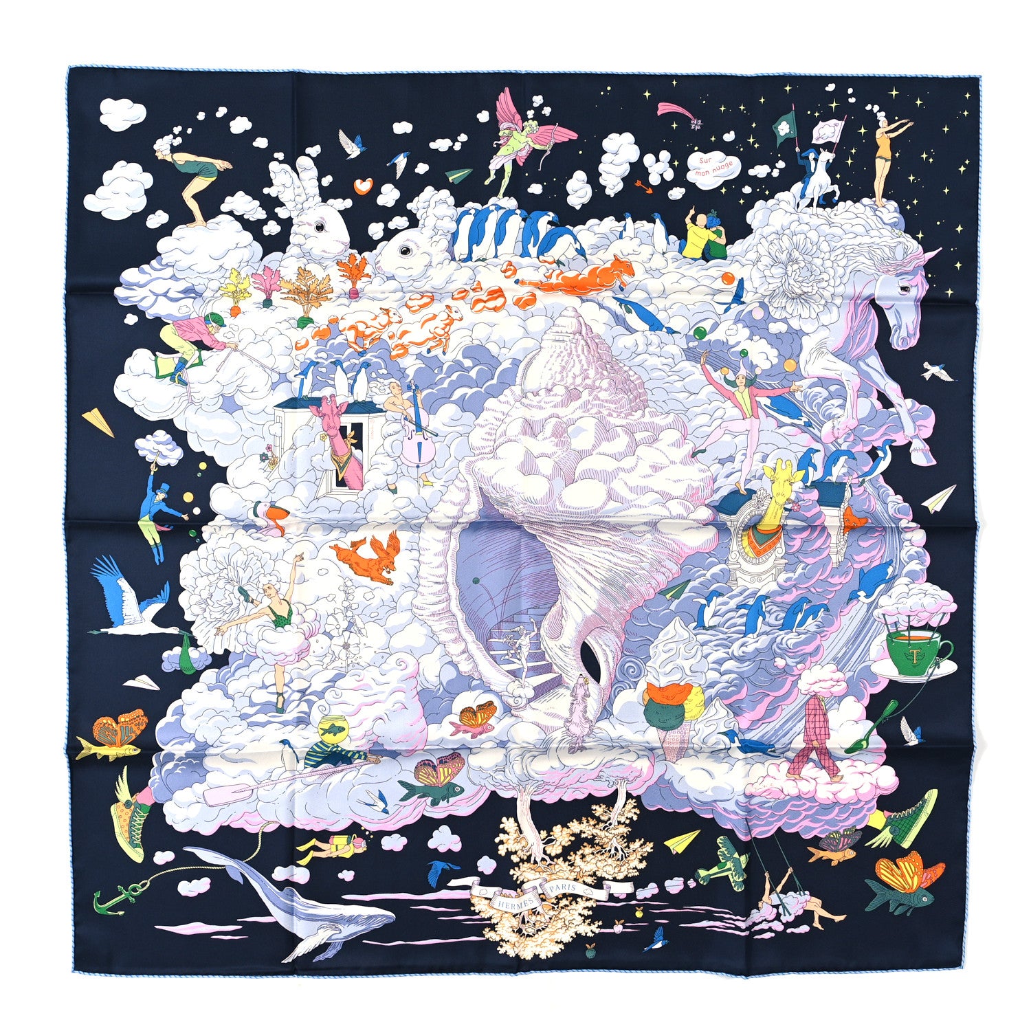 Hermes Silk Sur Mon Nuage Scarf 90 Bleu Black Mauve Multicolor 1 of 3