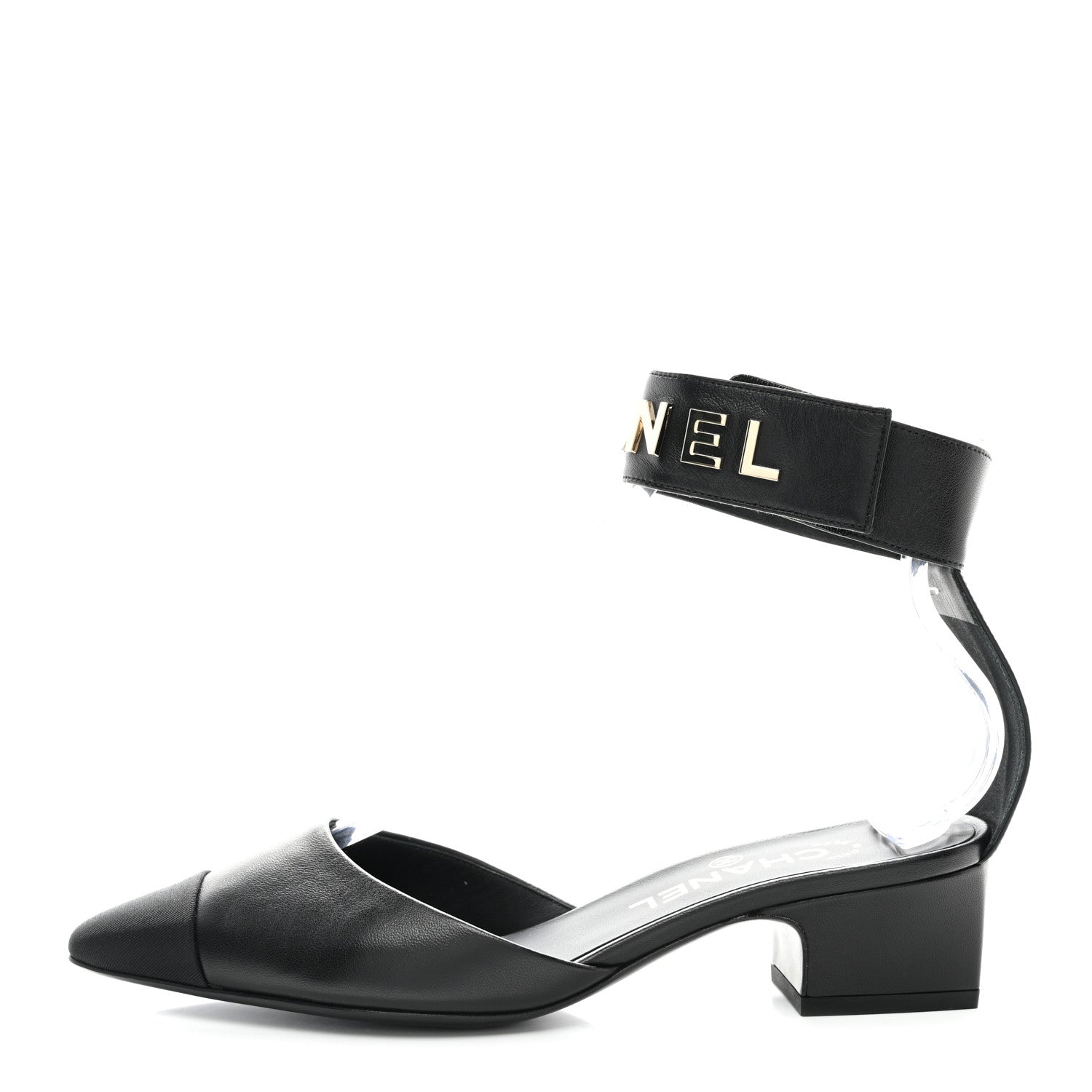 Chanel Lambskin Grosgrain Cap Toe Logo Ankle Strap Pumps 37 Black 1 of 9