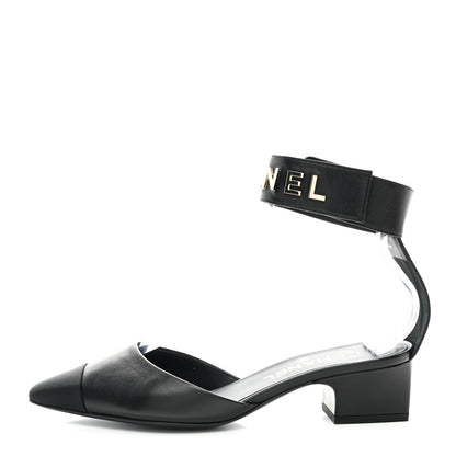 Chanel Lambskin Grosgrain Cap Toe Logo Ankle Strap Pumps 37 Black 1 of 9