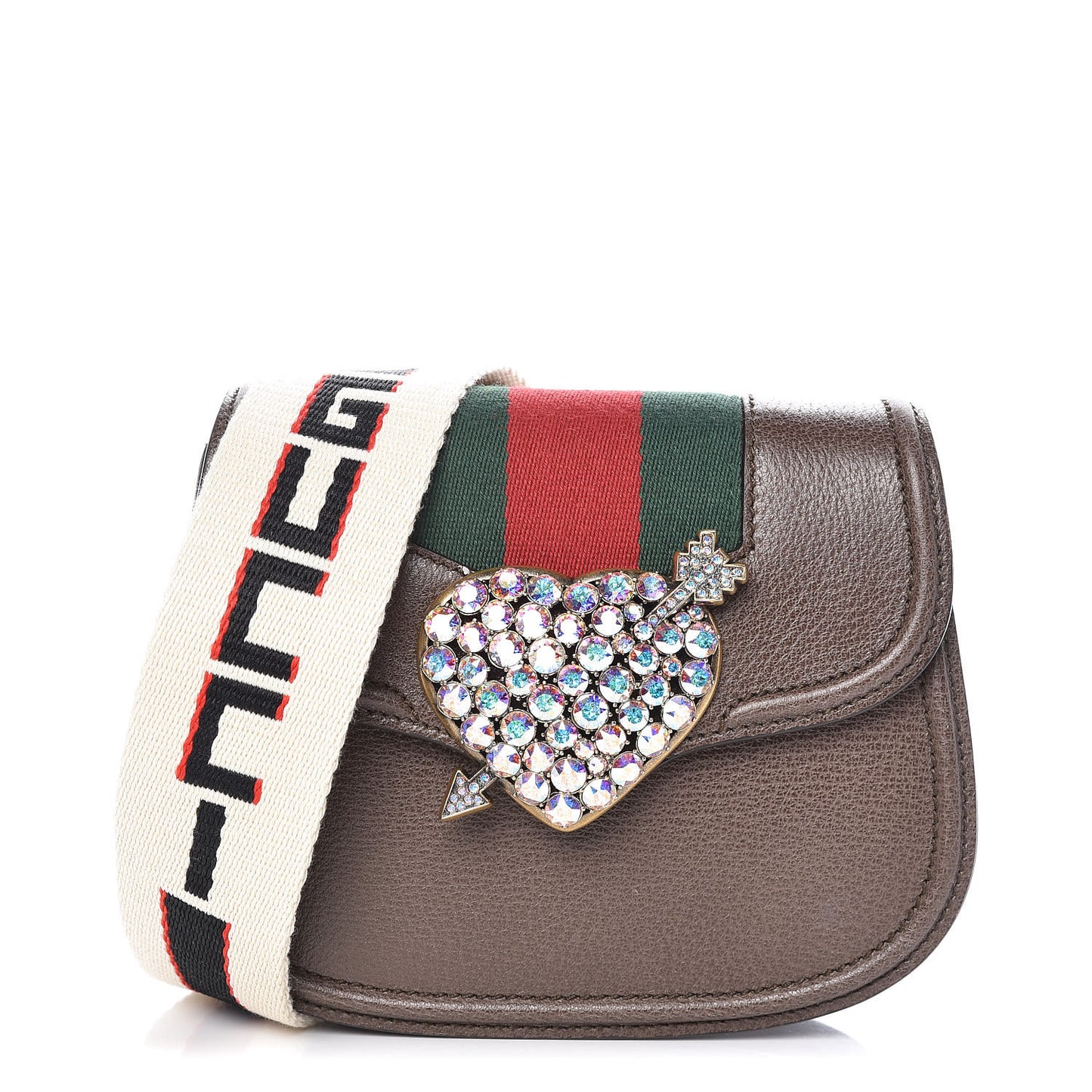Textured Calfskin Web Crystal Heart Stripe Small Totem Shoulder Bag New Acero