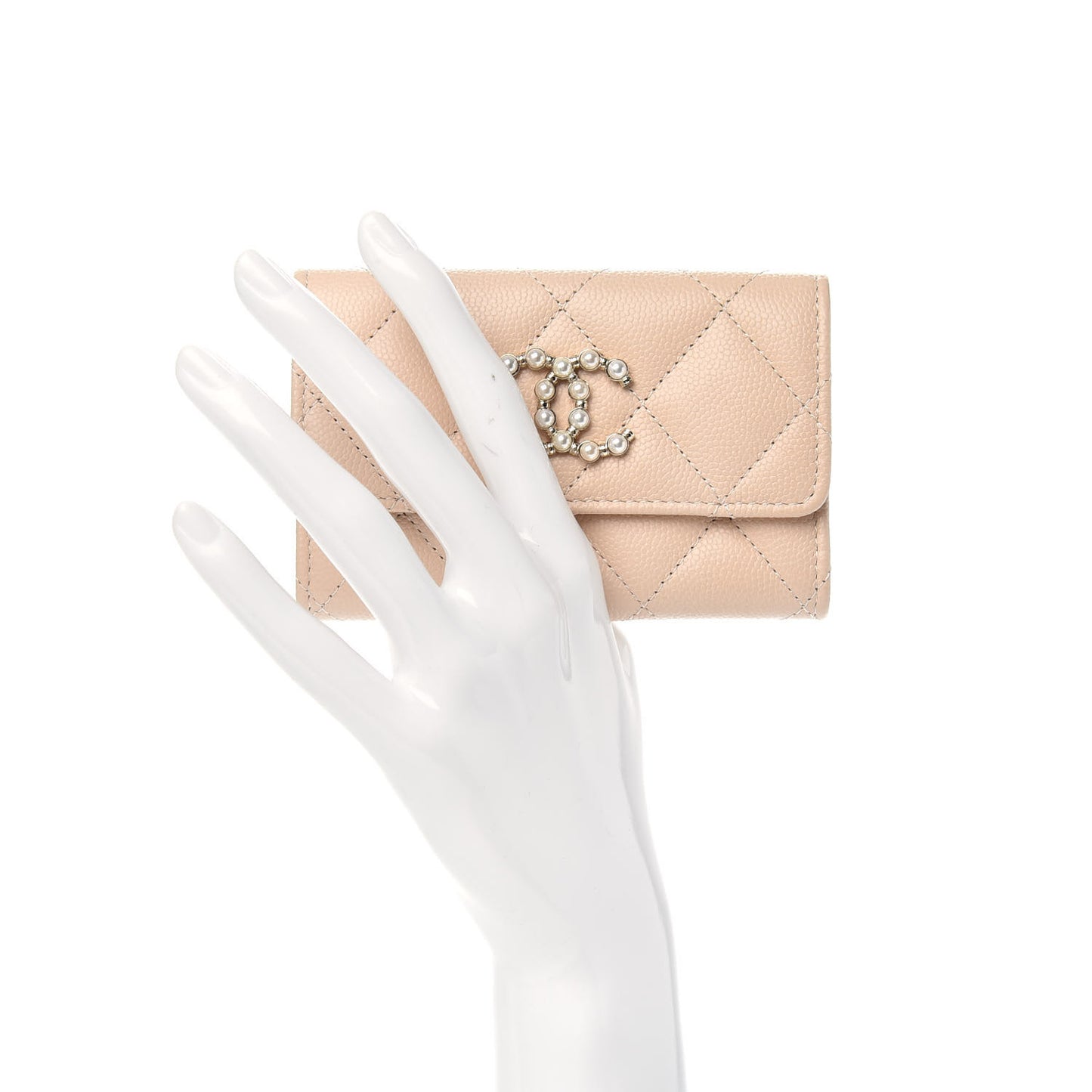 Caviar Pearl Quilted Coco Candy Flap Card Holder Beige