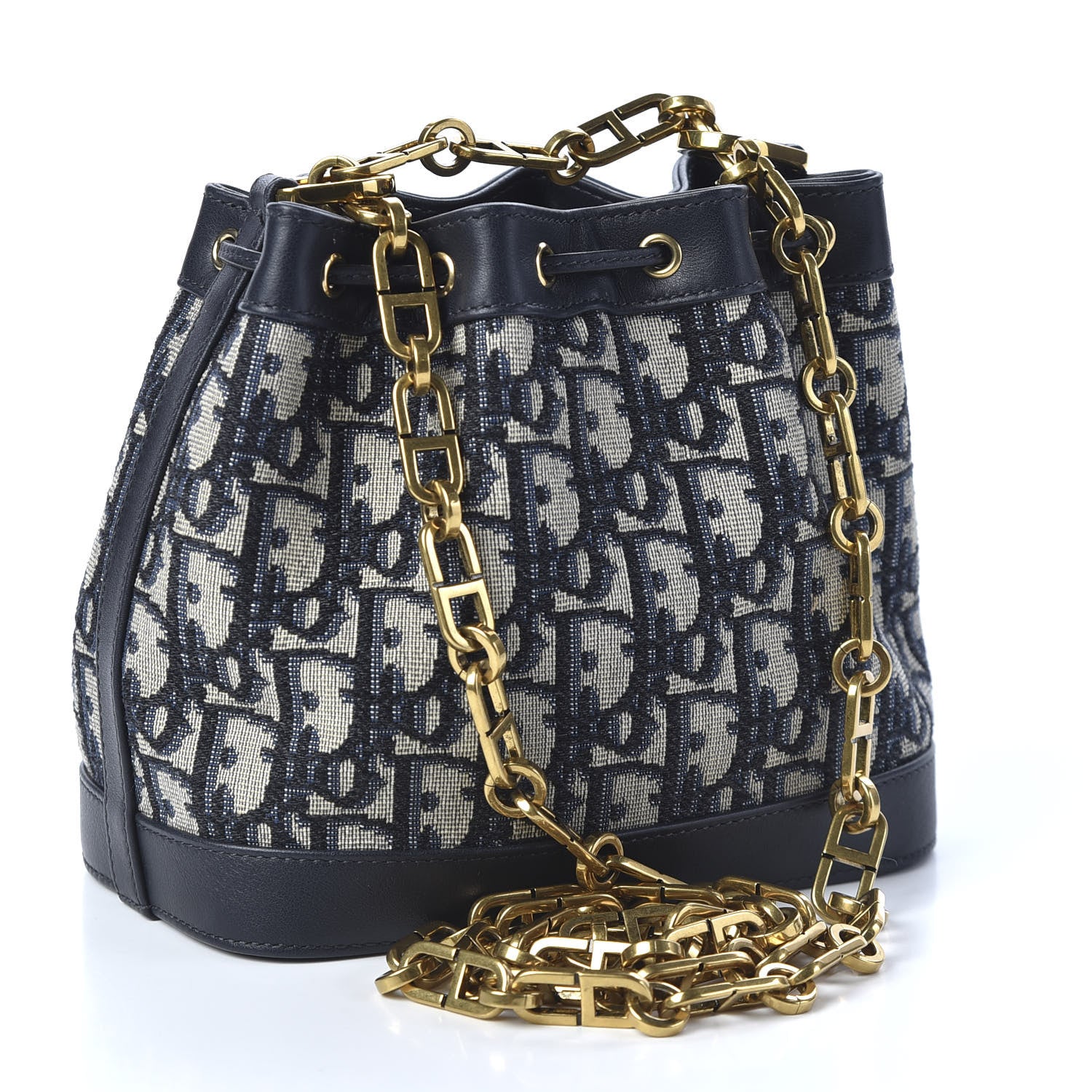 Christian Dior Oblique Drawstring Chain Bucket Bag Blue 2 of 9