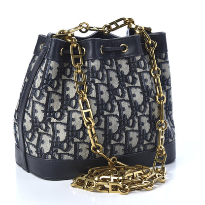 Christian Dior Oblique Drawstring Chain Bucket Bag Blue 2 of 9