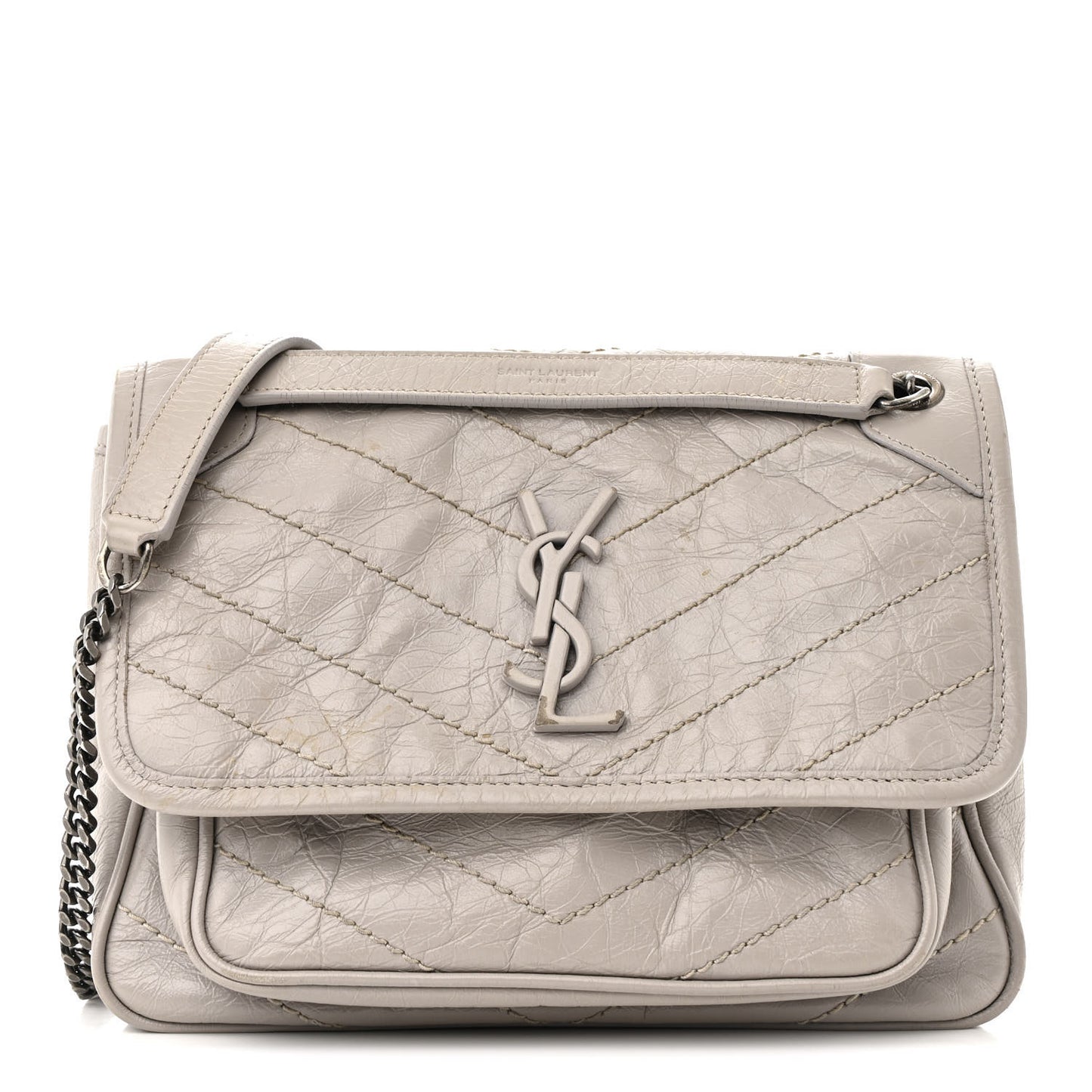 Crinkled Calfskin Matelasse Monogram Baby Niki Chain Satchel Granite