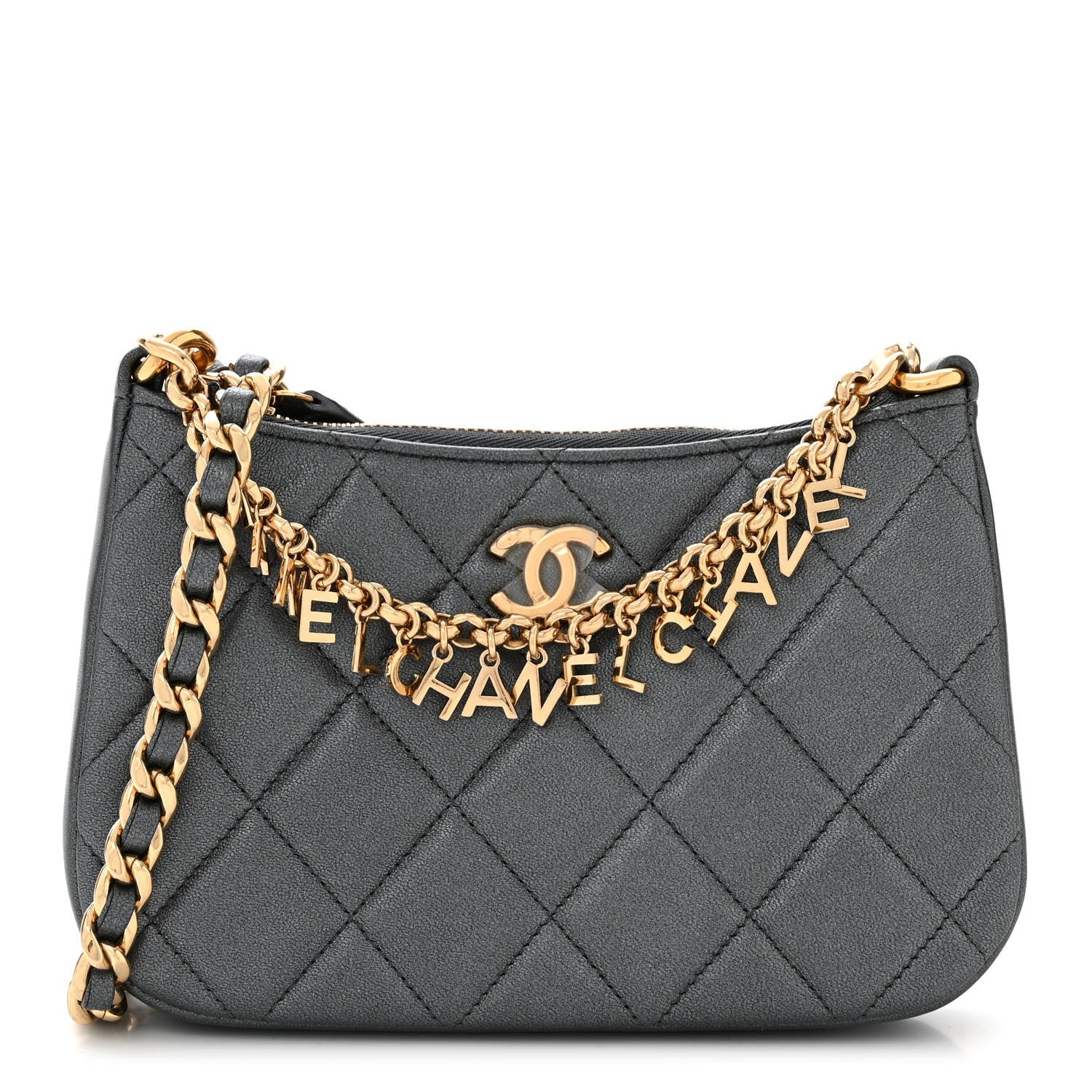 Chanel Metallic Lambskin Quilted Charms Hobo Bag Dark Grey 1 of 11