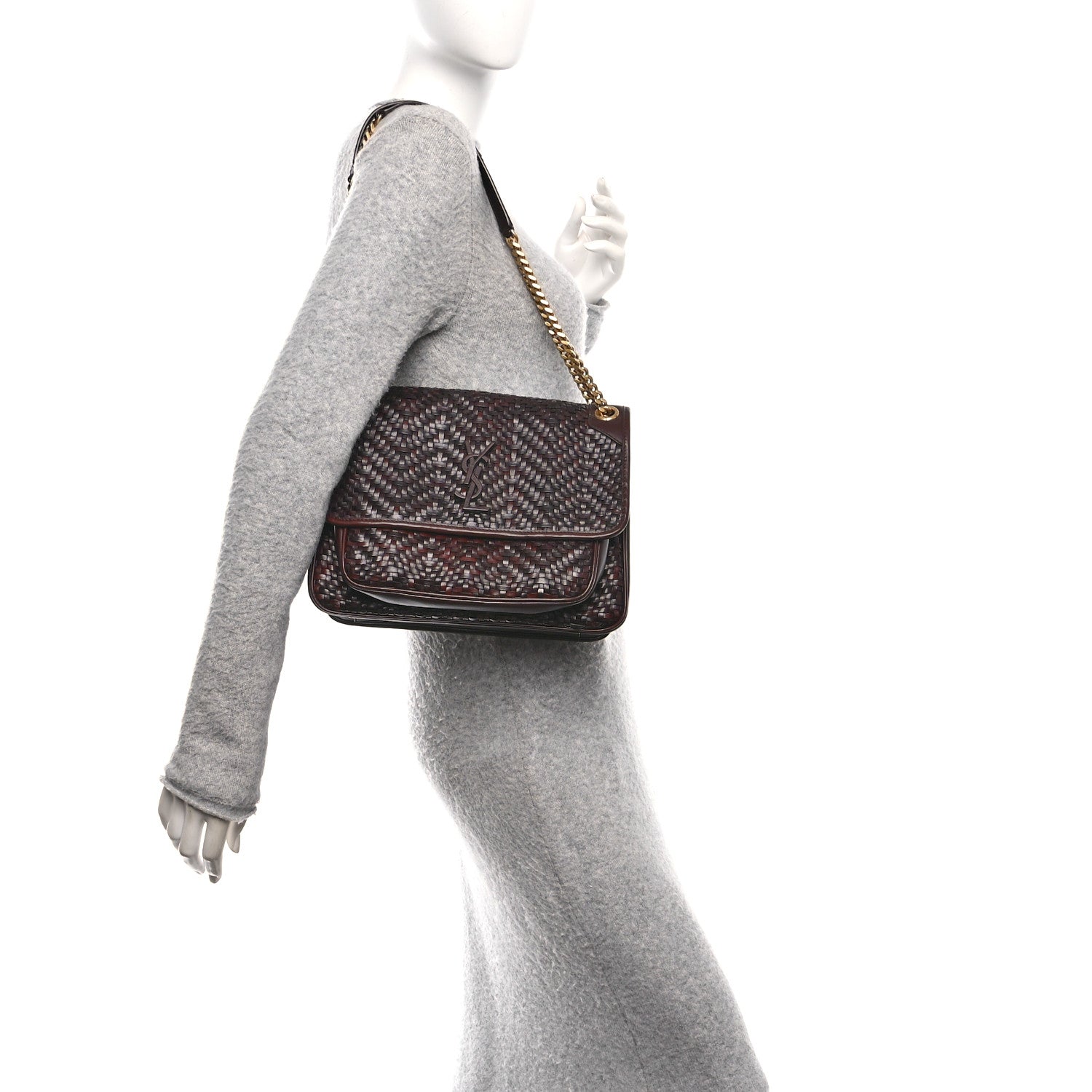 Saint Laurent Calfskin Woven Monogram Medium Niki Chain Satchel Burnt Brown 2 of 10