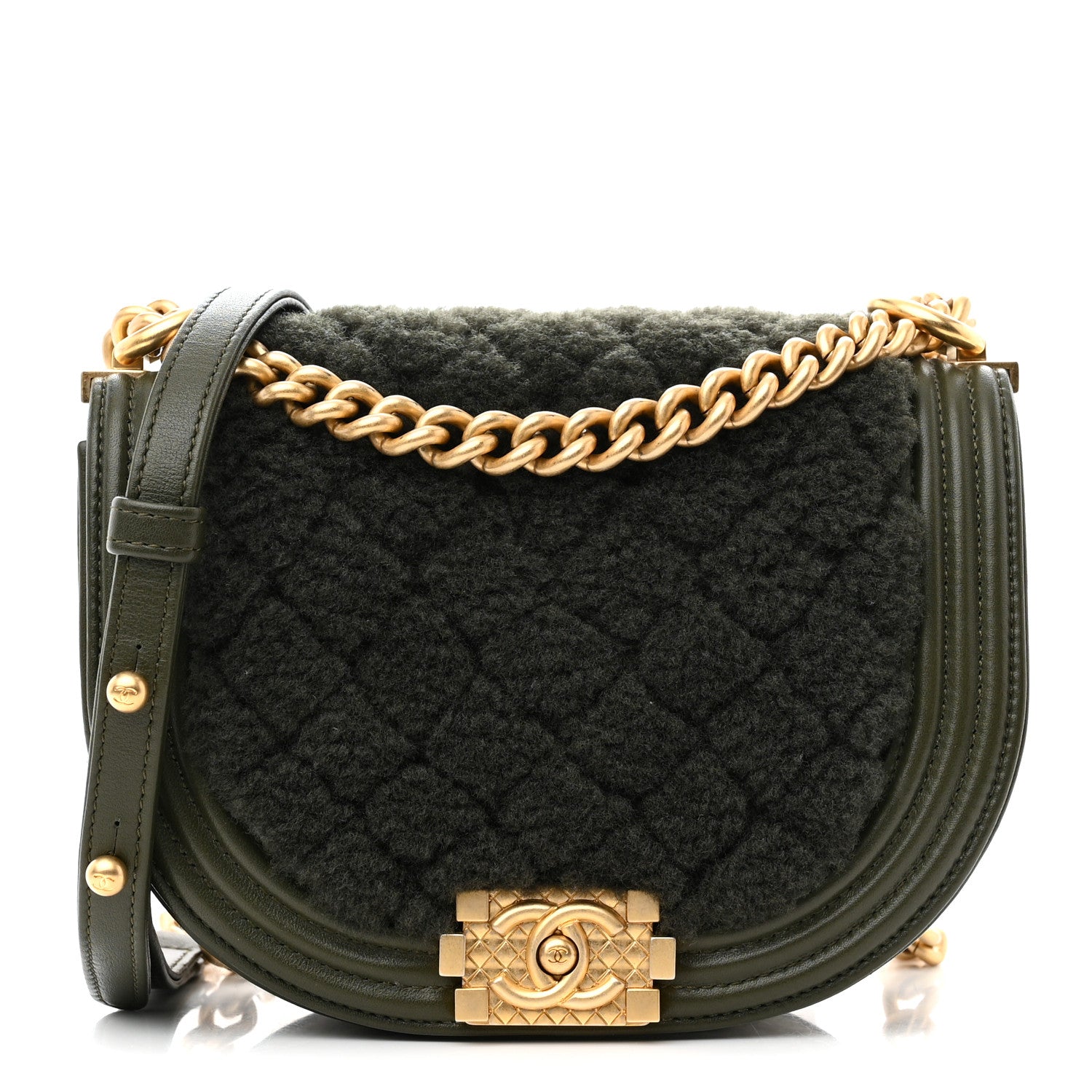 Chanel Calfskin Shearling Quilted Small Boy Messenger Bag Khaki 1 of 10