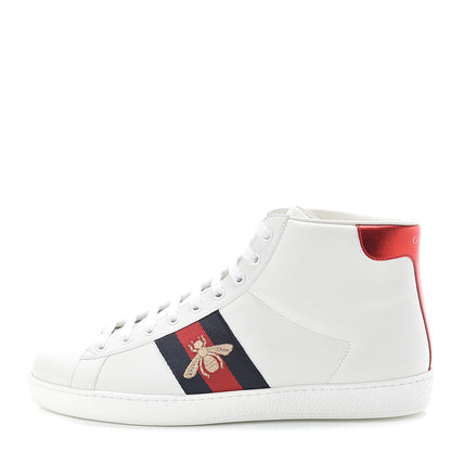 Gucci Calfskin Miro Soft Web Bee Embroidered Mens Ace High Top Sneakers 8.5 White 1 of 8