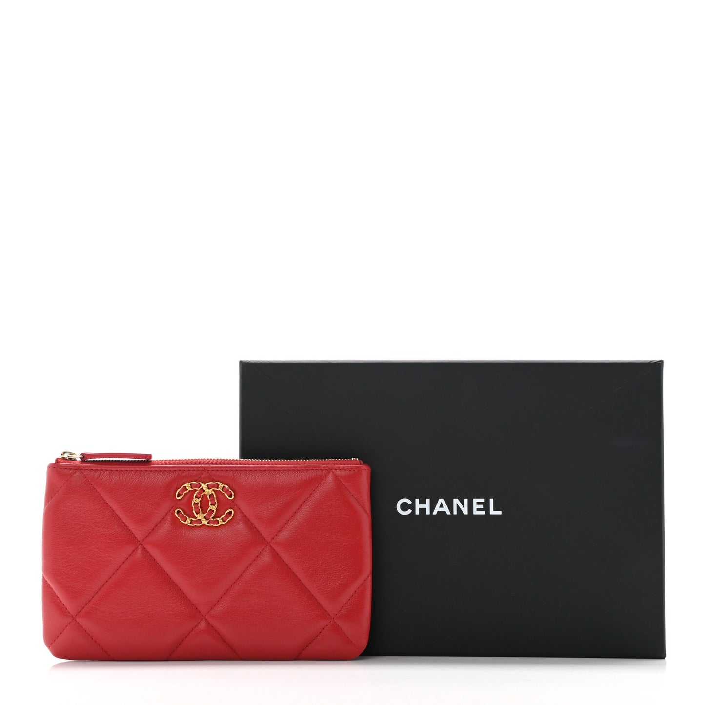 Shiny Goatskin Quilted Small Chanel 19 Pouch Red