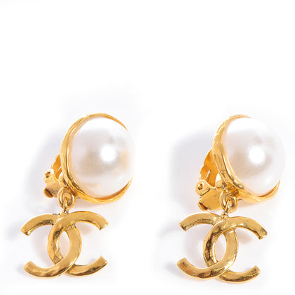 Chanel Pearl Dangle CC Clip On Earrings Gold 1 of 5
