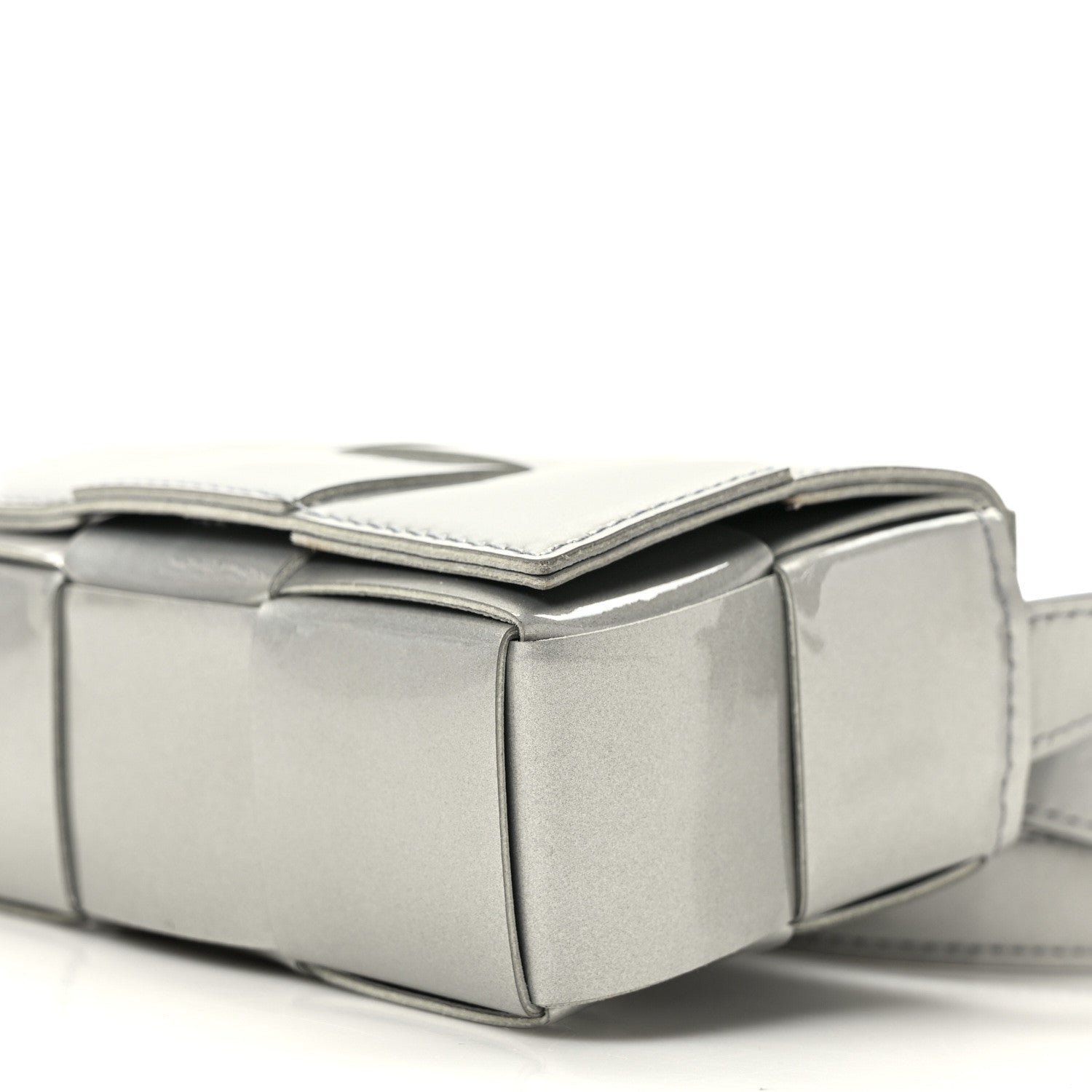 Bottega Veneta Metallic Patent Calfskin Maxi Intrecciato Extra Mini Cassette Crossbody Bag Silver 8 of 8