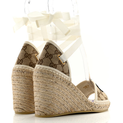 Gucci Monogram Patches Ankle Wrap Platform 35/120mm Espadrille Wedges 37 Beige White 4 of 9