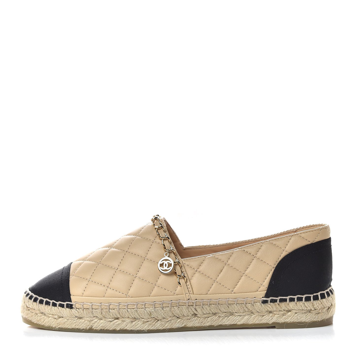 Lambskin Grosgrain Chain Quilted CC Espadrilles 40 Beige Black