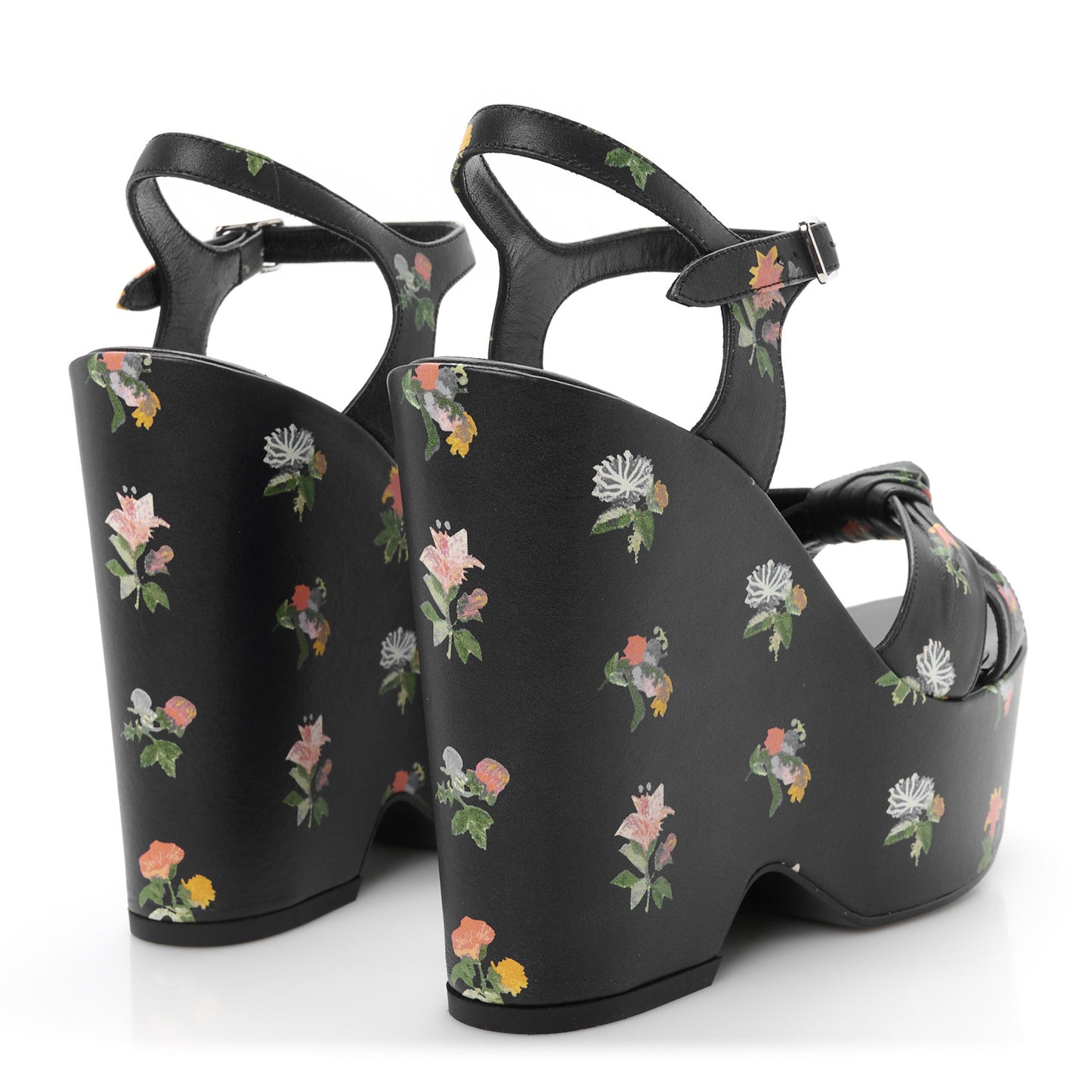 Nappa Calfskin Grunge Flower Printed Candy 85 Platform Wedge Sandals 37.5 Black Multicolor