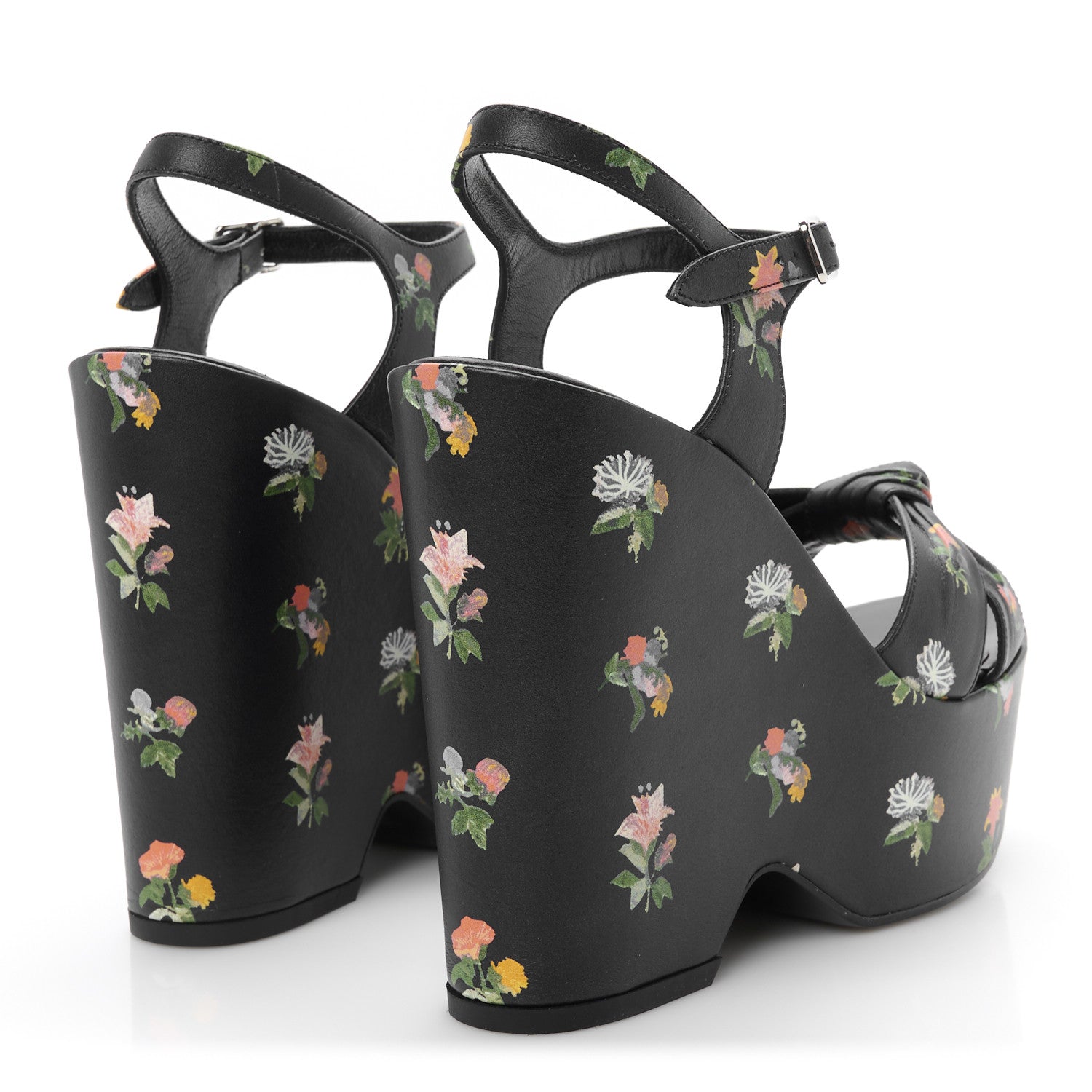 Saint Laurent Nappa Calfskin Grunge Flower Printed Candy 85 Platform Wedge Sandals 37.5 Black Multicolor 5 of 10