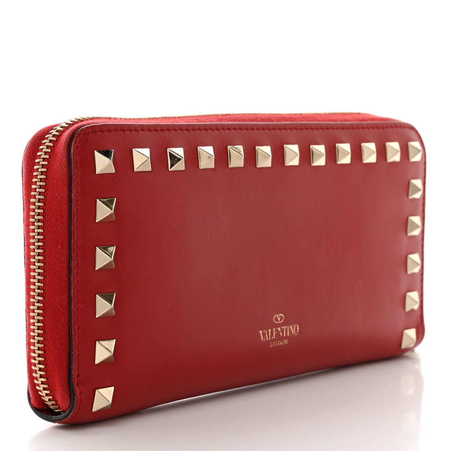 Calfskin Rockstud Zip Around Wallet Rosso Valentino