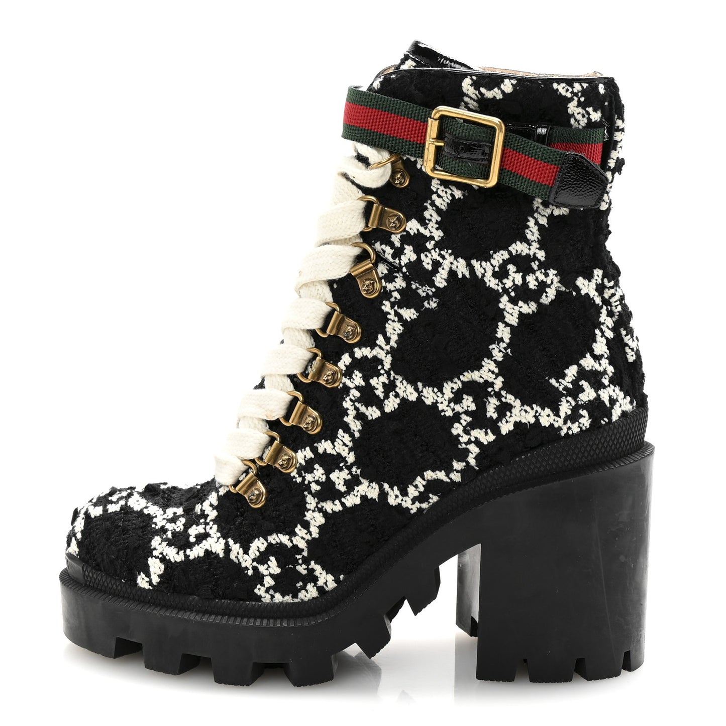 Tweed GG Monogram Lace Up Combat Ankle Boots 35.5 Black