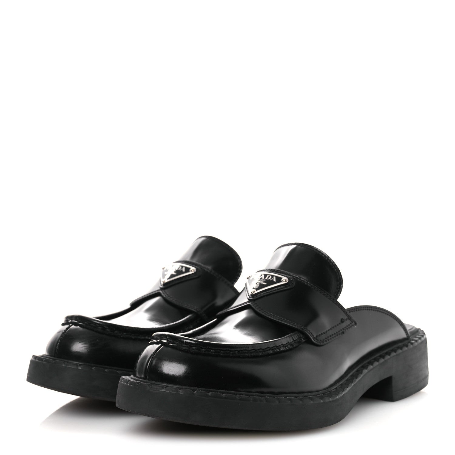 Prada Spazzolato Triangle 40mm Loafer Mules 37 Black 1830744