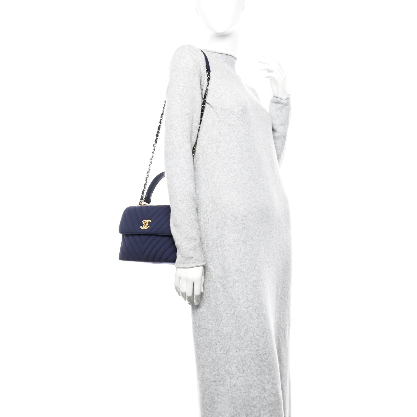 Jersey Chevron Quilted Small Trendy CC Dual Handle Flap Bag Navy Blue