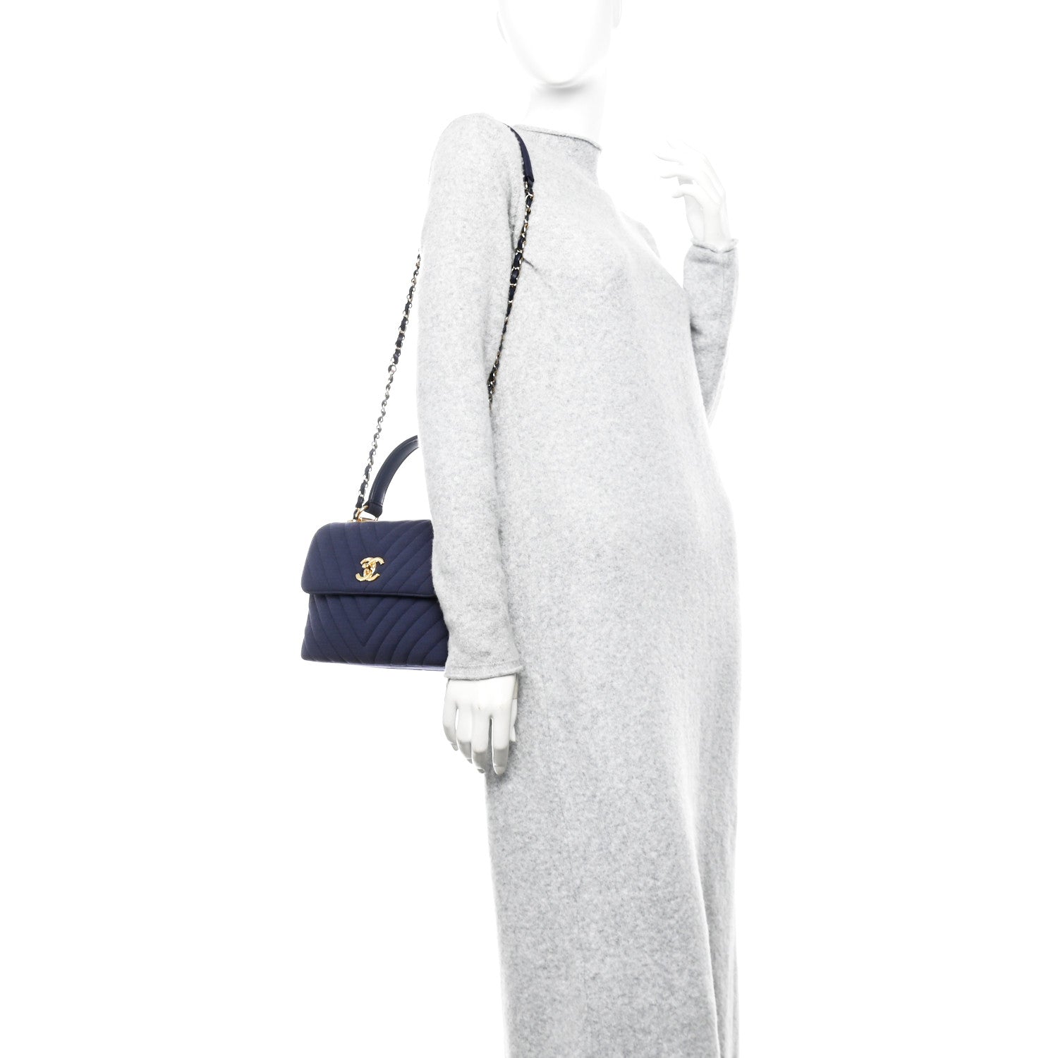 Chanel Jersey Chevron Quilted Small Trendy CC Dual Handle Flap Bag Navy Blue 2 of 11