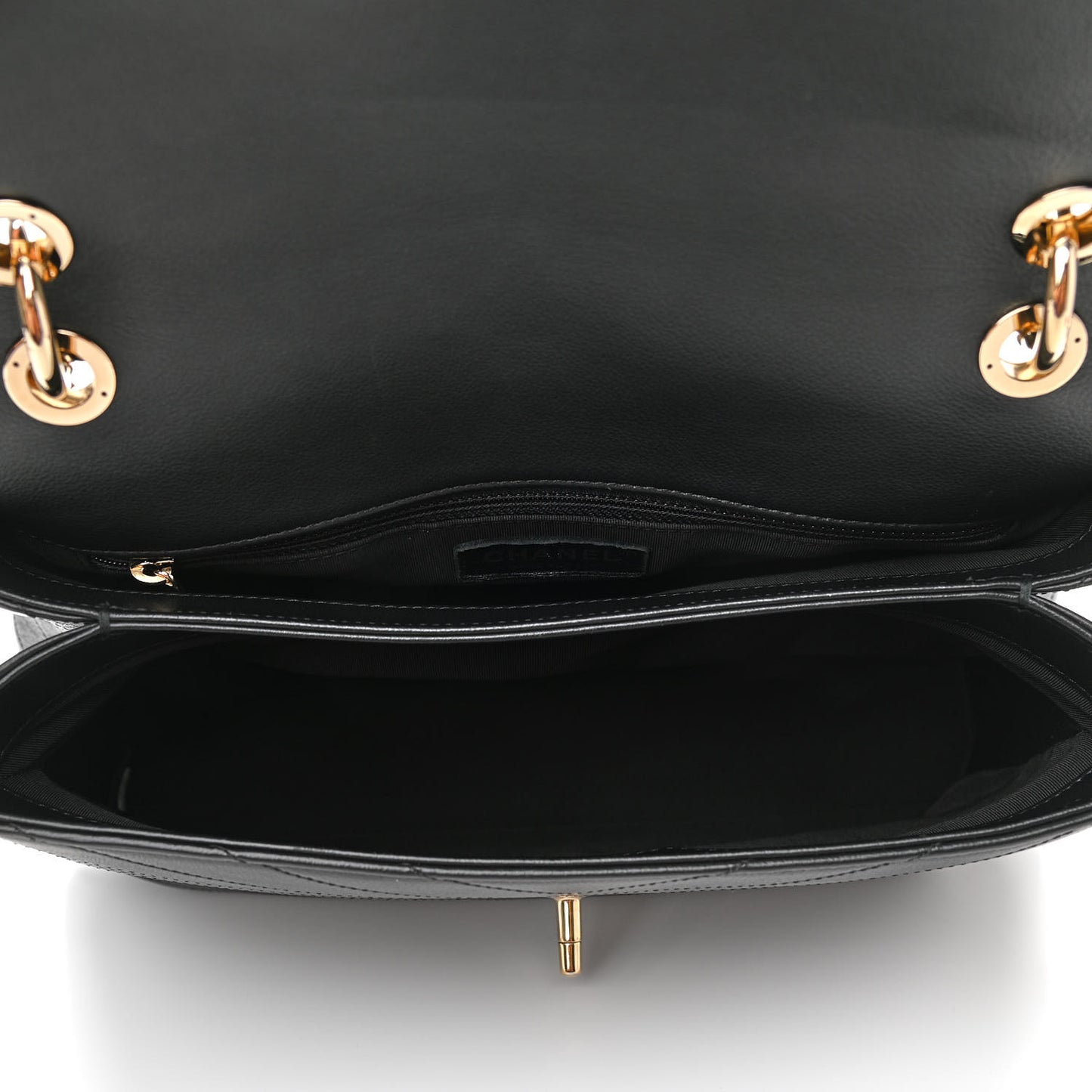 Grained Calfskin Chevron Stitched Medium Chic Top Handle Flap Black