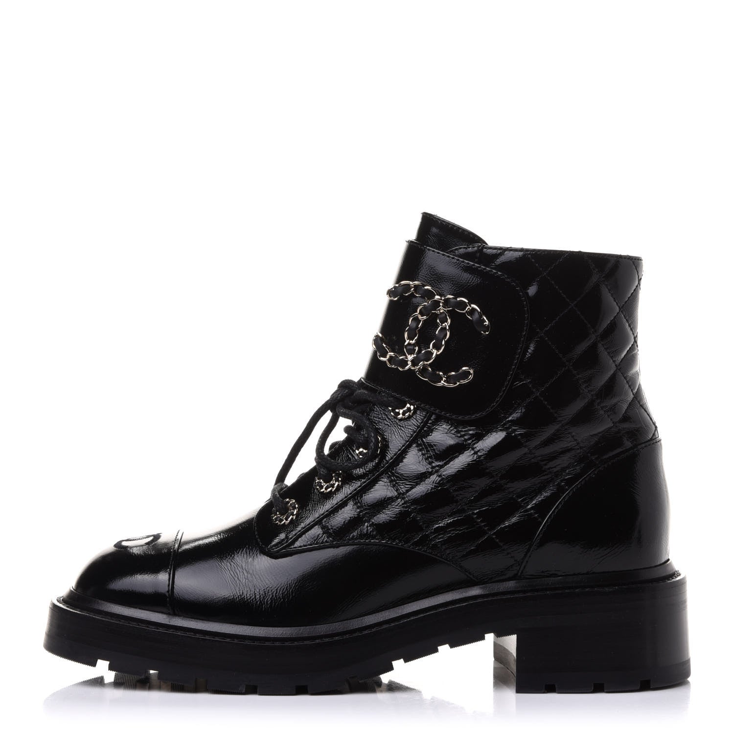 Chanel Shiny Calfskin Quilted Lace Up Combat Boots 39 Black 1 of 9