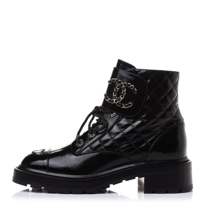 Chanel Shiny Calfskin Quilted Lace Up Combat Boots 39 Black 1 of 9