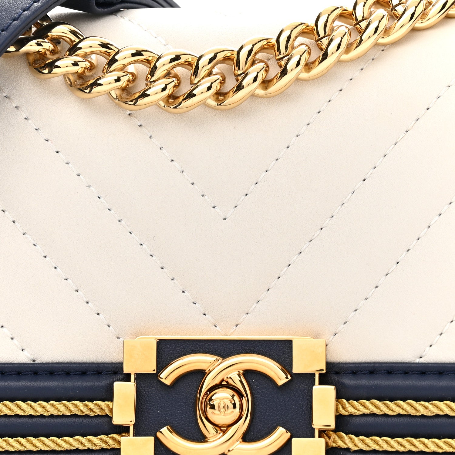 Chanel Calfskin Chevron Quilted Braided Small Boy Flap White Navy 8 of 11