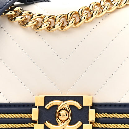 Chanel Calfskin Chevron Quilted Braided Small Boy Flap White Navy 8 of 11