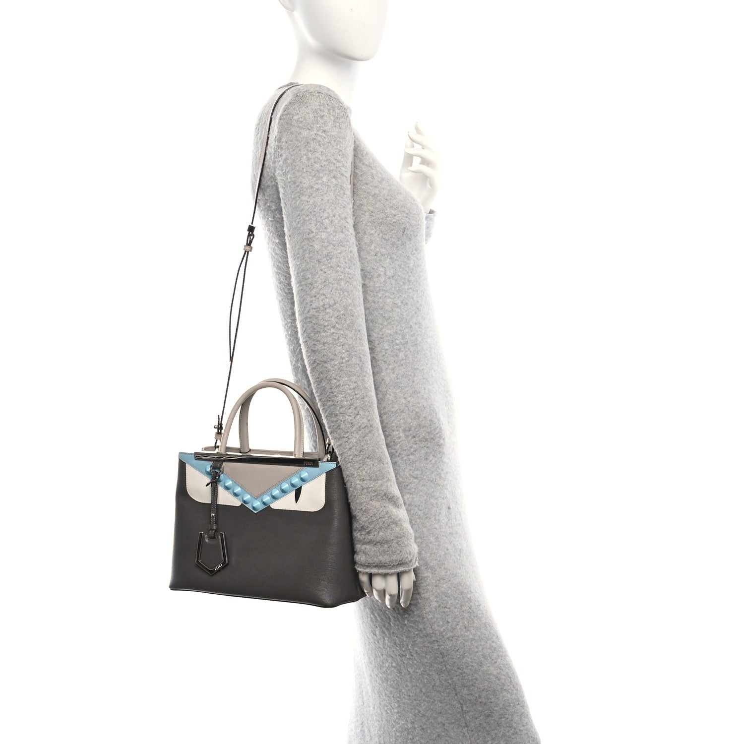 Fendi Vitello Elite Monster Eyes Studded Petite 2Jours Tote Carbone White Multicolor 2 of 12