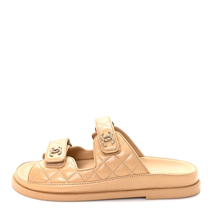 Chanel Lambskin Quilted Velcro Dad Chain CC Slide Sandals 40 Beige 1 of 9