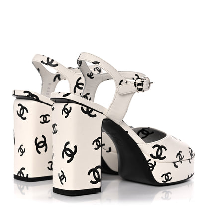 Chanel Printed Lambskin Coco Beach Platform Sandals 37 White Black 4 of 10