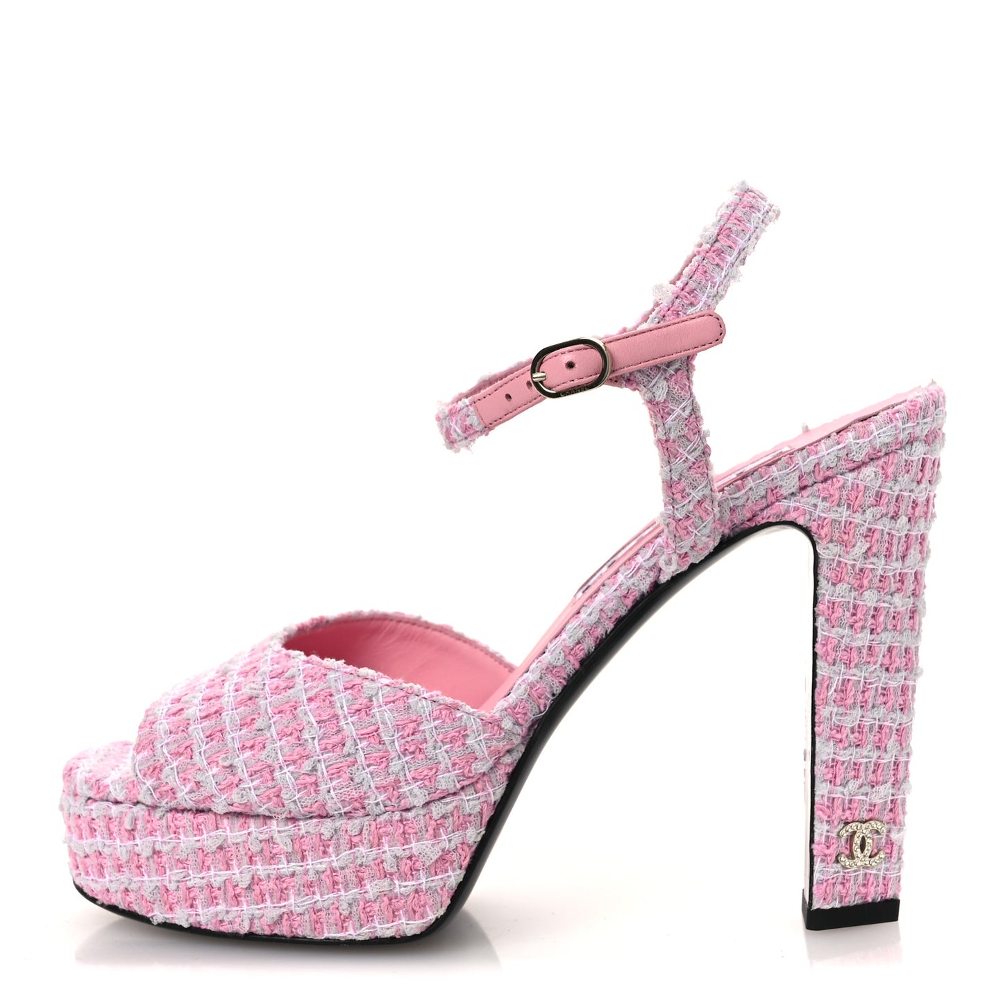 Tweed Crystal CC Platform Sandals 38.5 Light Pink