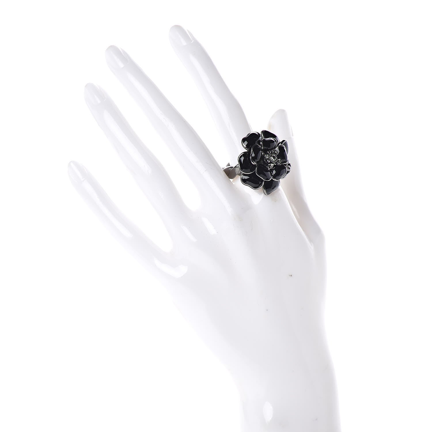 Chanel Enamel Ruthenium CC Camellia Ring 6.5 Black 2 of 6