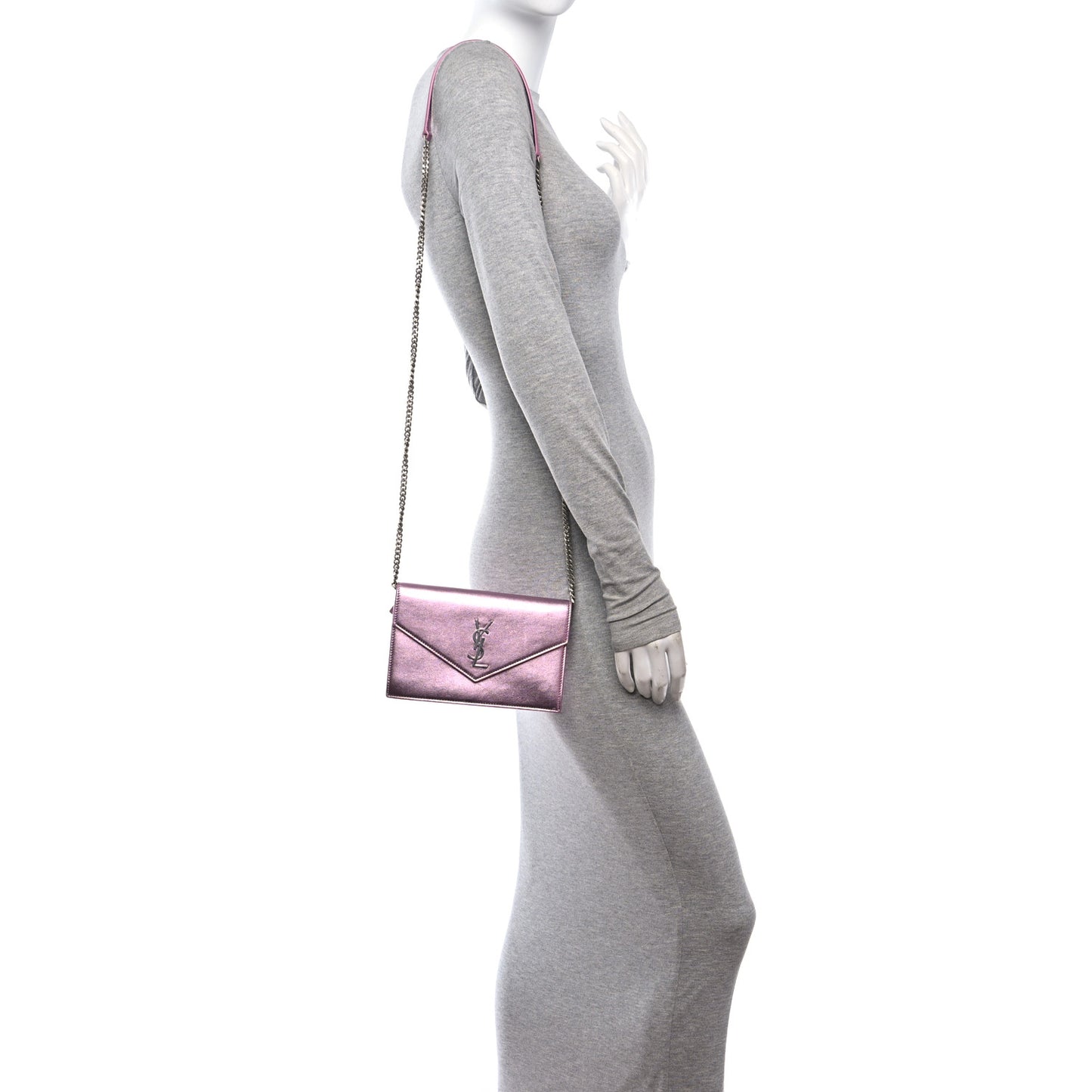 Metallic Calfskin Monogram Envelope Chain Wallet Pink